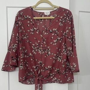Sienna Sky Maroon Leaf Print Tie-Front Blouse